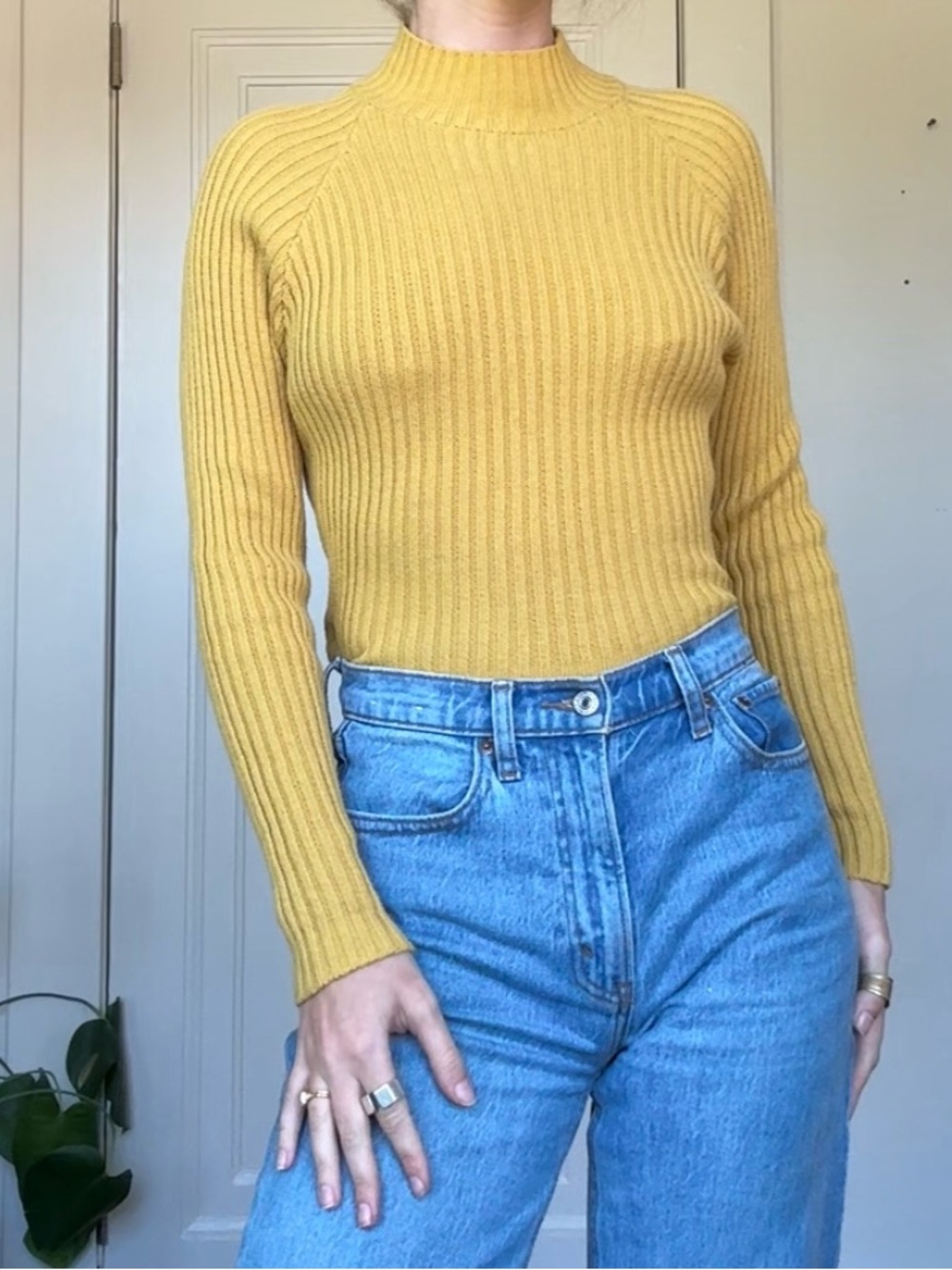 yellow ribbed mock neck sweater